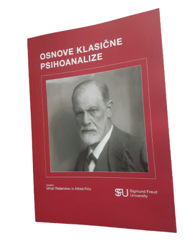 rjava naslovnica knjige z belimi črkami is sliko Siegmunda Freuda